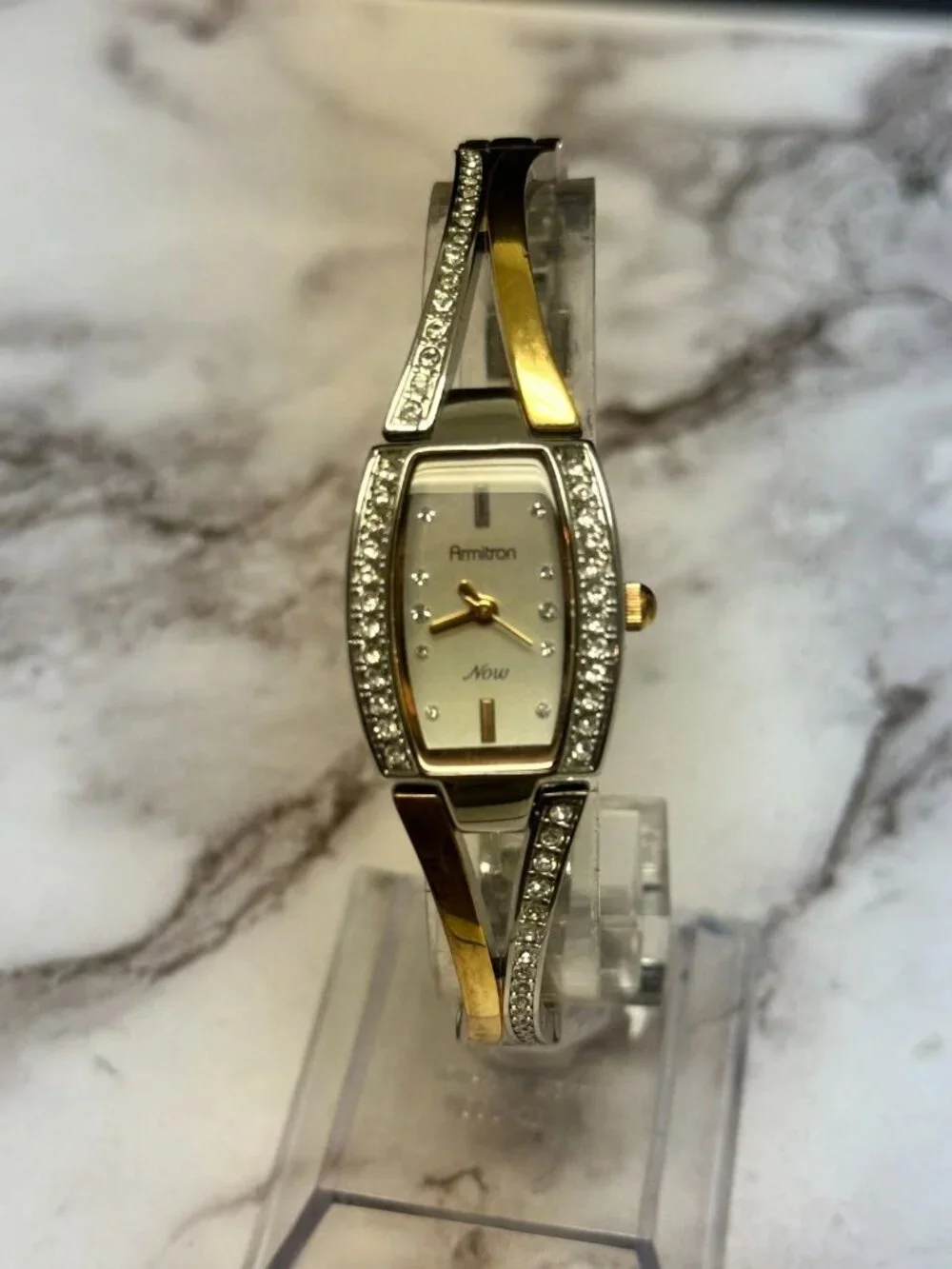 3/$30 Armitron Watch Women Silver Rose Gold Two Tone Crystal Bezel 7.5